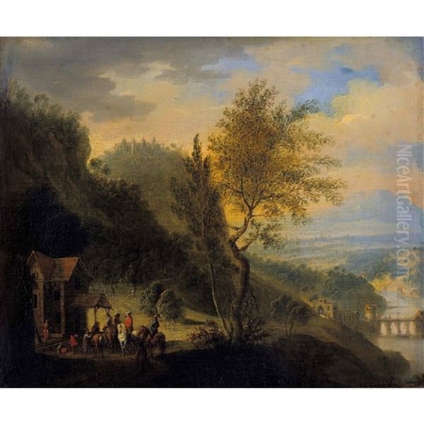Rheinlandschaft Mit Rastenden Reitern Und Brucke - view 1
