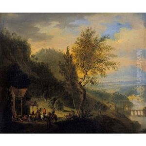 Rheinlandschaft Mit Rastenden Reitern Und Brucke by Josef Orient