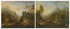A River Landscape With Travellers On A Path And Peasants Fishing Beyond; A River Landscape With Peasants Resting On The Bank Beside A Ruined Building (pair) by Josef Orient
