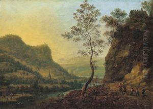 Gebirgige Flusslandschaft Mit Reisenden by Josef Orient