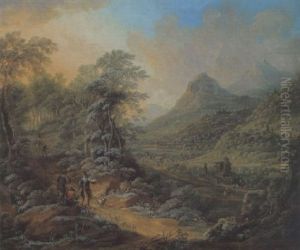 Bewaldete Gebirgslandschaft Mit Figuren by Josef Orient