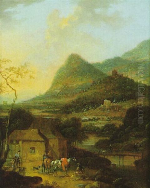 Gebirgige Landschaft Mit Rastendem Reiter Vor Einem Bauengehoft - view 1