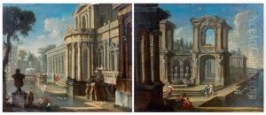 Caprices Architecturaux: Femmes Se Reposant Au Bord D'un Bassin Devant Un Palais Classique - Cygnes Dans Un Bassin Devant Un Palais Classique (pair) by Stefano Orlandi