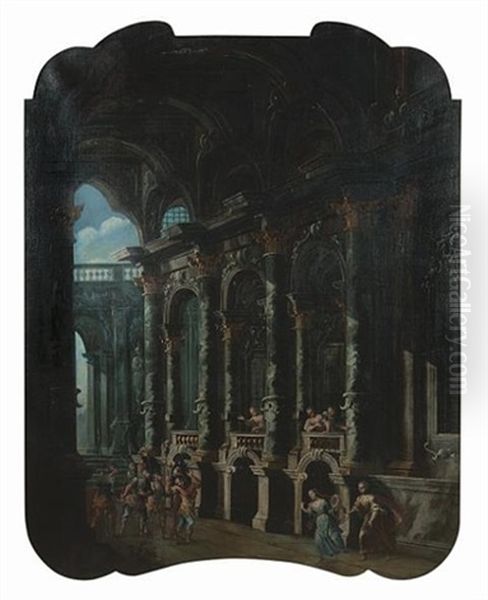 An Architectural Capriccio Of The Interior Of A Palace With The Judgement Of Paris (+ An Architectural Capriccio With Soldiers Entering A Palace; Pair) - view 1