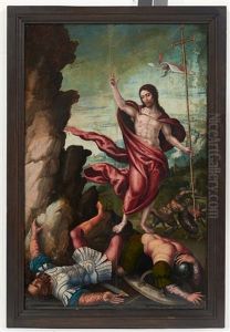 Recto: La Resurrection Du Christ Verso: Trois Tetes De Saints Avec Les Symboles by Bernaert (Barend) van Orley