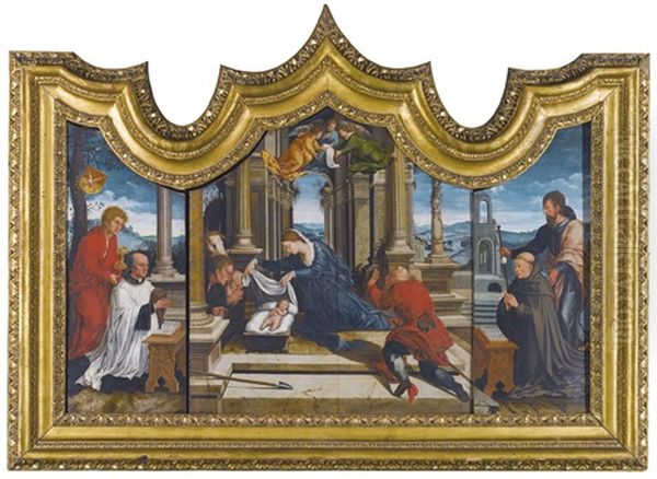 A Triptych;: Central Panel: The Adoration Of The Shepherds Left Wing: Saint John The Evangelist With A Donor Right Wing: Saint James The Greater With A Donor (3 Works) - view 1