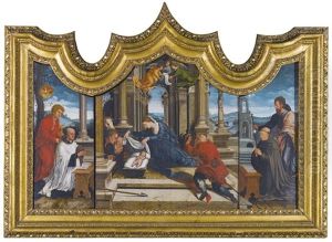 A Triptych;: Central Panel: The Adoration Of The Shepherds Left Wing: Saint John The Evangelist With A Donor Right Wing: Saint James The Greater With A Donor (3 Works) by Bernaert (Barend) van Orley