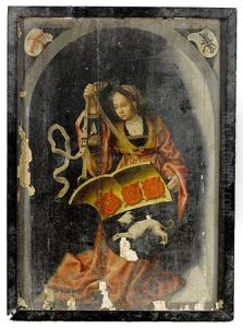 A Female Figure Holding An Heraldic Shield