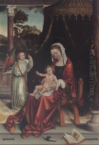 The Virgin And Child Under A Canopy Together With The Archangel Michael, A View Of A Landscape With A Castle On A Mountain Beyond