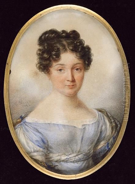 A Miniature Portrait Of A Lady Wearing A Blue Dress With Checked Blue And White Waistband, A Plaid Shawl Around Her Shoulders - view 1