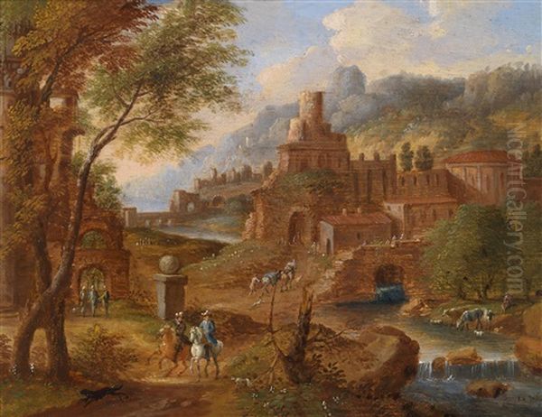 Gebirgslandschaft Mit Einer Burg Und Reitern - view 1