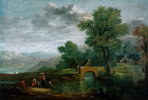 Weite Bewaldete Fluslandschaft Mit Bauernhausern Und Einer Steinernen Bogenbrucke Sowie Figuren - view 1