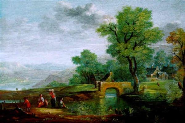 Weite Bewaldete Fluslandschat Mit Bauernhausern Und Einer Steinernen Bogenbrucke Sowie Figuren - view 1