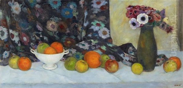 Fruchtestillleben Mit Geblumtem Stoff Und Vase - view 1
