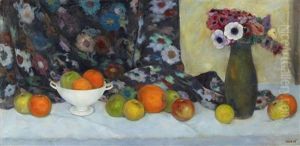 Fruchtestillleben Mit Geblumtem Stoff Und Vase by Emil Orlik