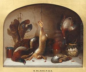 Still Life Of Game And Seafood In A Larder by Benjamin Blake
