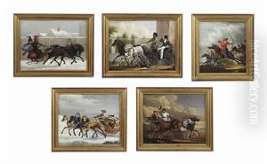 Troika; Dandy In A Droshky; A Postal Troika; A Winter Equipage Scene With Two Men; And A Battle by Aleksandr Osipovich Orlovsky