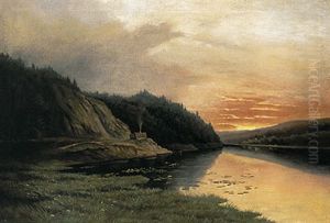 Abendliche Flusslandschaft Mit Prachtvoll Verfarbtem Horizont Und Spiegelndem Gewasser