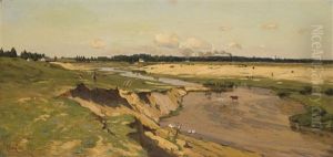 A Train Passing Through A Rural Landscape by Vladimir Donatovitch Orlovsky