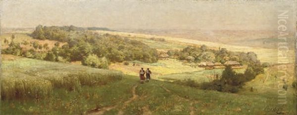 Two Figures Approaching A Village Nestled In A Valley - view 1