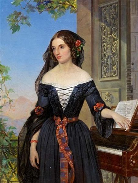 Portrat Der Natalie Baggavut (?). Die Dargestellte Auf Einem Balkon Mit Ausblick Zum Vesuv - view 1