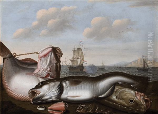 A Fish Still Life On A Beach With A Cod, Dutch Shipping Beyond - view 1