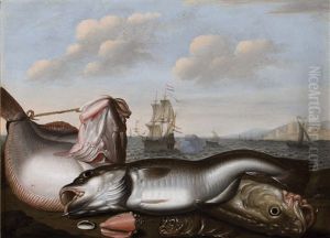 A Fish Still Life On A Beach With A Cod, Dutch Shipping Beyond by Willem Ormea