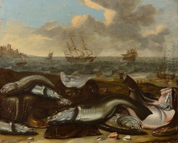 Etalage De Poissons Devant Des Navires Hollandais - view 1