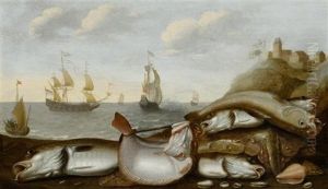 Der Fang Des Tages Mit Schiffen Im Hintergrund (collab. W/adam Willaerts) by Willem Ormea