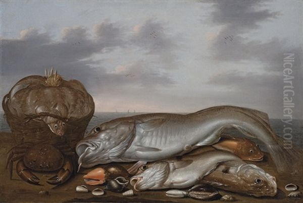 A Still Life With A Basket Of Sole, A Cod And Other Fish, With A Crab And Seashells On A Beach - view 1