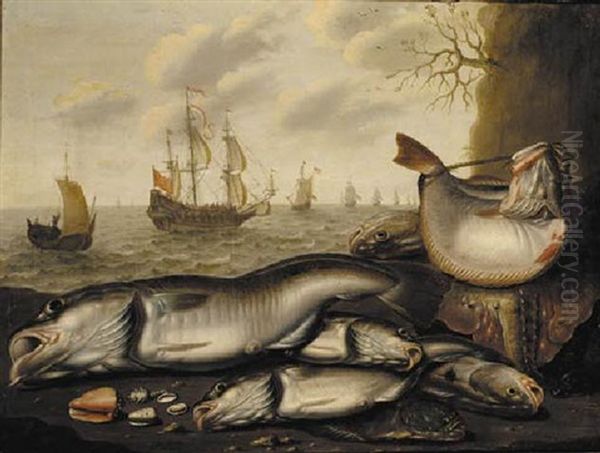 Skate, Sole, Cod, Chub And Assorted Shells Lying On A Beach With A Line Of Dutch Men-o'-war At Sea Beyond - view 1