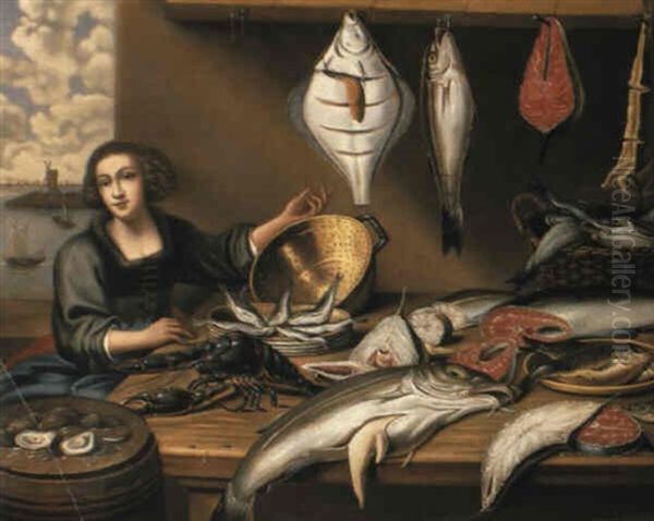 A Fishwife At A Fish-stall, An Estuary Seen Through A Casement Beyond - view 1