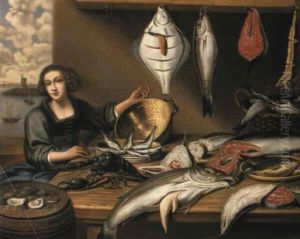 A Fishwife At A Fish-stall, An Estuary Seen Through A Casement Beyond A Fishwife At A Fish-stall, An Estuary Seen Through A Casement Beyond