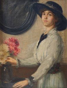 Portrait Of A Young Girl In An Interior Arranging Flowers by Sir William Newenham Montague Orpen