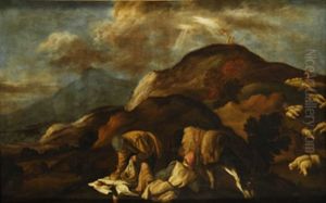 Paisaje Con Pastores, Al Fondo El Sacrificio De Isaac by Pedro Orrente