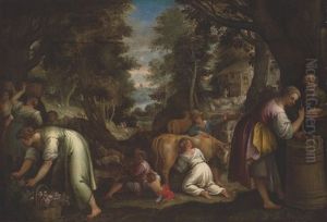 A Farm Scene Within A Wooded Landscape, Hunters Beyond by Pedro Orrente