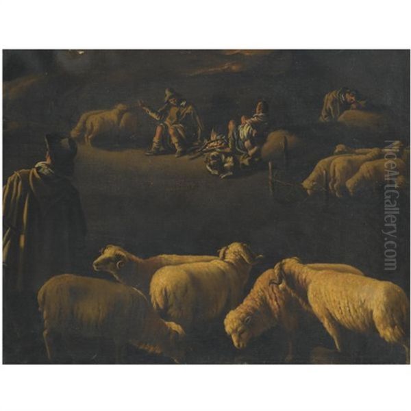 A Night Scene With Shepherds Resting By A Fire - view 1