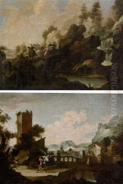 A Rocky River Landscape With Balaam And The Angel (+ A Mountainous River Landscape With Jacob Wrestling The Angel; Pair) - view 1