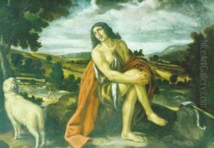 San Juan Bautista Sentado Ante Un Fondo De Paisage Con El Bautismo De Cristo by Pedro Orrente