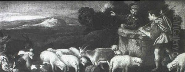 Shepherds With Goats And Sheep Beside A Well - view 1
