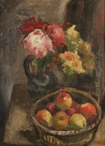 Nature Morte Au Bouquet Et Corbeille De Fruits