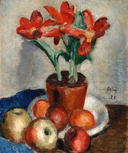 Still Life Of Flowers With Apples by Manuel Ortiz De Zarate