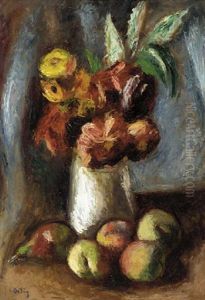 A Still Life With Flowers, Apples And Pears by Manuel Ortiz De Zarate