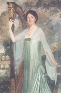 Portrait Of A Lady Wearing A Blue Gown And Standing Before A Harp