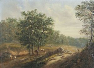 Hirten Mit Kuhen Und Wanderer Am Waldrand
