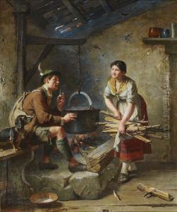 Hunter And Girl In The Kitchen by Friedrich Ortlieb