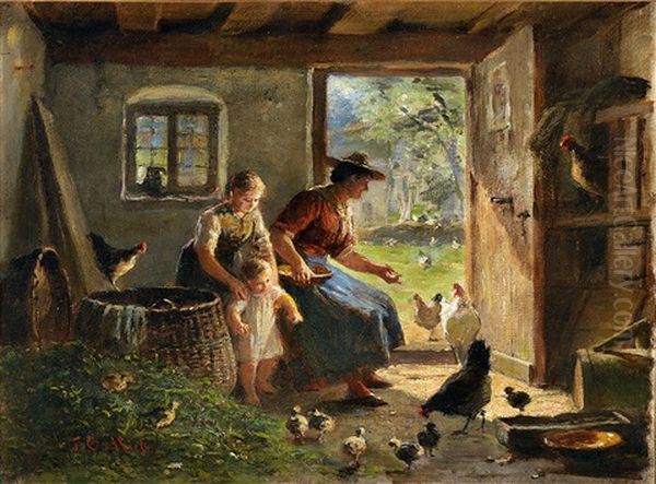 Familiengluck. Mutter Mit Kind Und Grosmutter Im Stall Beim Futtern Der Huhner - view 1
