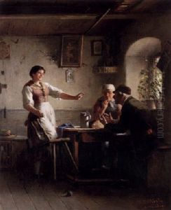 Interior Med Staende Ung Kvinna Och Sittande Par by Friedrich Ortlieb