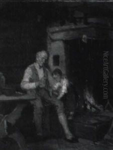 Rauchender Grosvater Mit Enkelin Am Offenen Feuer by Friedrich Ortlieb