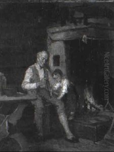 Rauchender Grosvater Mit Enkelin Am Offenen Kamin by Friedrich Ortlieb